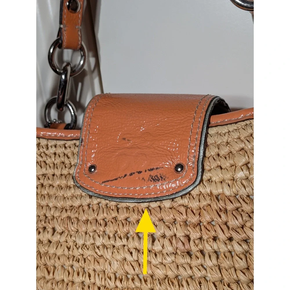 Coach Madison Straw Tote Flower Applique Natural & Orange Raffia Silver Studded